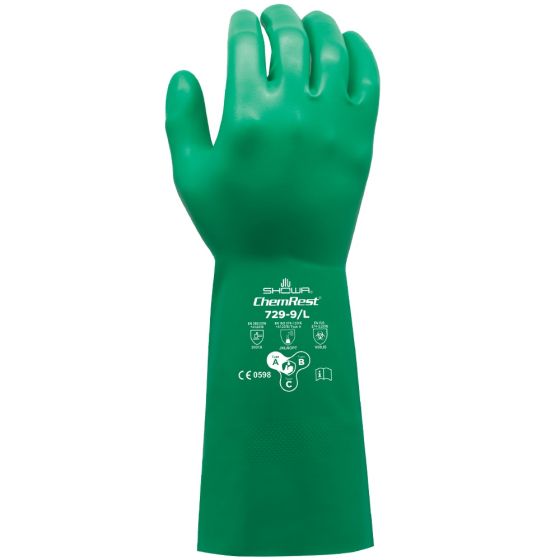 SHOWA 729 Chemical-Resistant 13" Nitrile Gloves, Green, Size 9