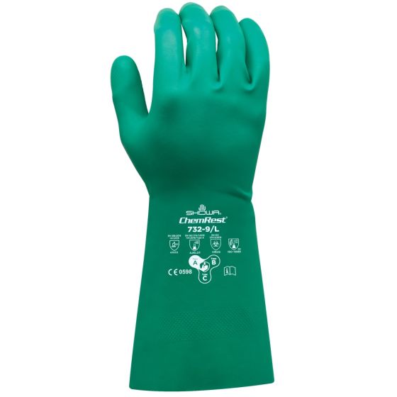 SHOWA 732 Chemical-Resistant 13" Nitrile Gloves, Green, Size 9
